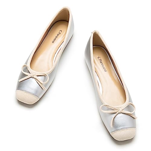 C.Paravano Ballerinas Damen | Ballerina Flach Schuhe mit quadratischer Zehe| Ballerinas Damen elegant und Komfortable | Brautschuhe Flach (39,Silber) von C.Paravano