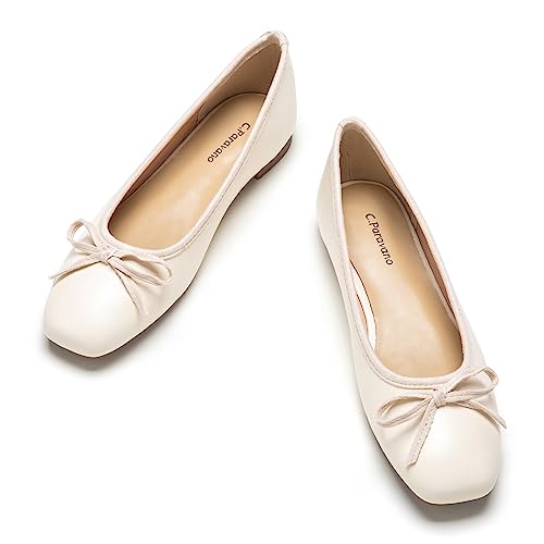 C.Paravano Ballerinas Damen | Ballerina Flach Schuhe mit quadratischer Zehe| Ballerinas Damen elegant und Komfortable | Brautschuhe Flach(41.5.5,Weiß) von C.Paravano