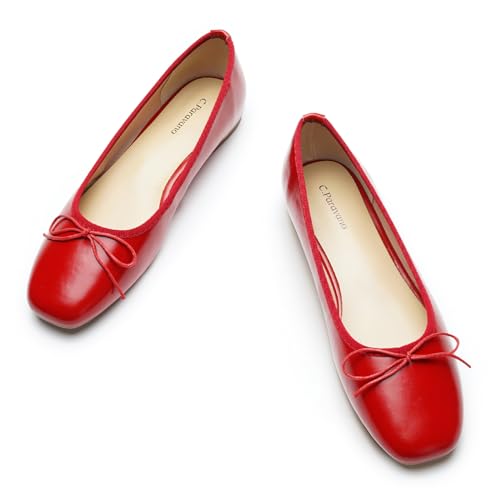 C.Paravano Ballerinas Damen | Ballerina Flach Schuhe mit quadratischer Zehe| Ballerinas Damen elegant und Komfortable | Brautschuhe Flach(Rot,41.5) von C.Paravano