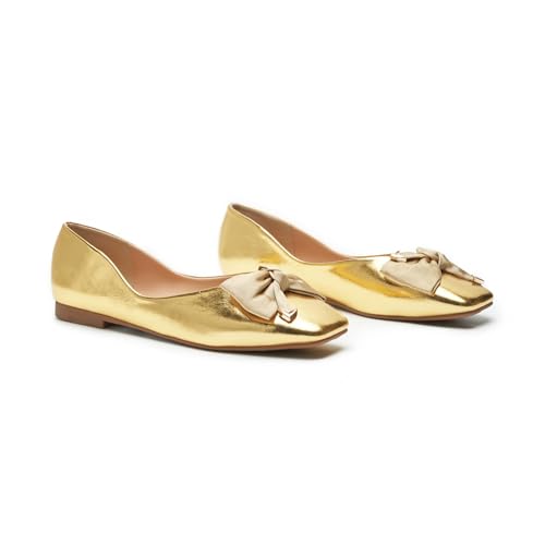 C.Paravano Damen Ballerinas mit Quadratische Zehen & Stoffschleife | Elegante Bequeme Ballerina | Flache Schuhe für Damen | Pretty Ballerinas für Business, Hochzeiten & Alltag （39,Golden） von C.Paravano