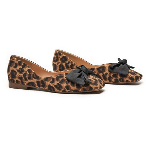 C.Paravano Damen Ballerinas mit Quadratische Zehen & Stoffschleife | Elegante Bequeme Ballerina | Flache Schuhe für Damen | Pretty Ballerinas für Business, Hochzeiten & Alltag（41.5,Leopardenmuster） von C.Paravano
