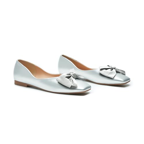 C.Paravano Damen Ballerinas mit Quadratische Zehen & Stoffschleife | Elegante Bequeme Ballerina | Flache Schuhe für Damen | Pretty Ballerinas für Business, Hochzeiten & Alltag Elegant （38.5,Silbrig） von C.Paravano