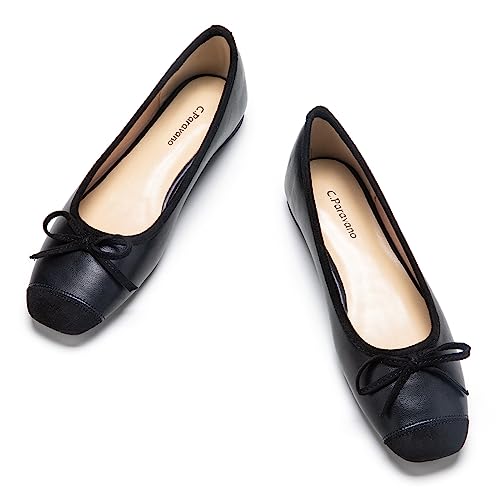 C.Paravano Ballerinas Damen | Ballerina Flach Schuhe mit quadratischer Zehe| Ballerinas Damen elegant und Komfortable | Brautschuhe Flach(37.5,Schwarz) von C.Paravano