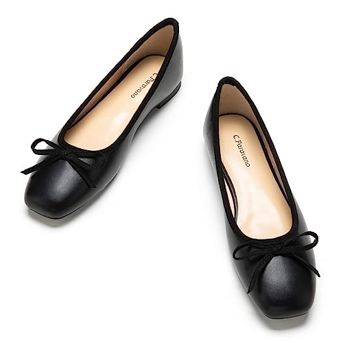 C.Paravano Ballerinas Damen | Ballerina Flach Schuhe mit quadratischer Zehe| Ballerinas Damen elegant und Komfortable | Brautschuhe Flach (40.5,Schwarz) von C.Paravano