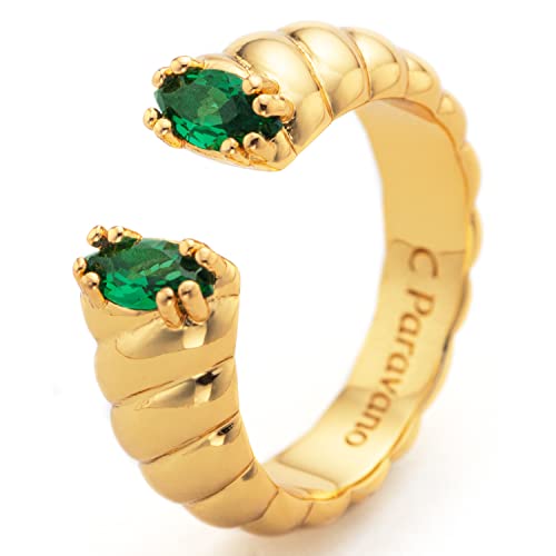 C.Paravano Damen-Ringe Grüner Edelstein aus 18K Gold Vergoldet | Promise Ring Mode Verstellbar | Offener Ring Schmuck von C.Paravano