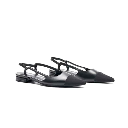 C.Paravano Damen Schuhe Slingback Flach mit spitzem Zeh & zweifarbigem Design | Slingback Ballerina Damen | Sandalen Sommer | Elegant für Büro, Abendevents und Alltag（36.5,Schwarz von C.Paravano