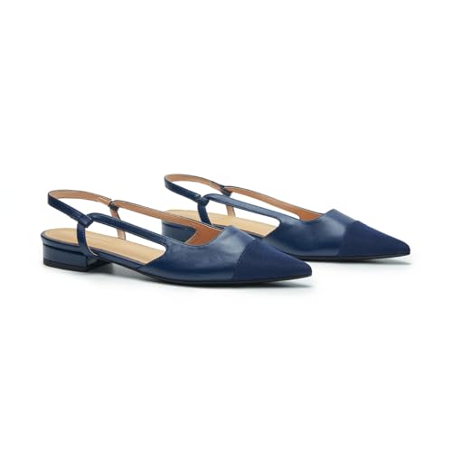 C.Paravano Damen Schuhe Slingback Flach mit spitzem Zeh & zweifarbigem Design | Slingback Ballerina Damen | Sandalen Sommer | Elegant für Büro, Abendevents und Alltag（37.5,Marineblau von C.Paravano