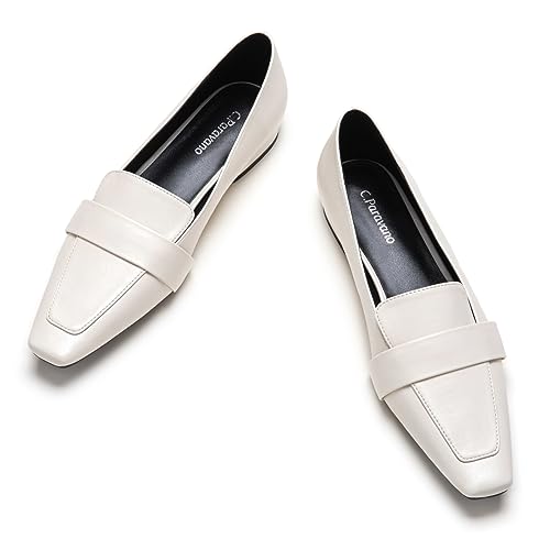 C.Paravano Damen Slipper Frauen | Plattform Flats Loafers| Loafers für Frauen Slip On | Weiß Spitze Zehe Loafers Damen | Casual Fashion Flats | Arbeit Schuhe(37,Weiß) von C.Paravano