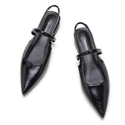 C.Paravano Flache Sandalen mit Spitzen Zehen Leder Kitten Flats Sandalen Hochzeit Party Partnersuche Slingback Damen Flach Verstellbarer Knöchelriemen-(36.5,Schwarz) von C.Paravano