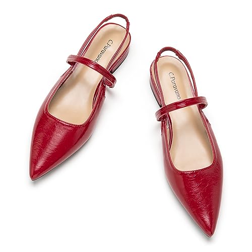 C.Paravano Flache Sandalen mit Spitzen Zehen Leder Kitten Flats Sandalen Hochzeit Party Partnersuche Slingback Damen Flach Verstellbarer Knöchelriemen-(37.5,Rot) von C.Paravano