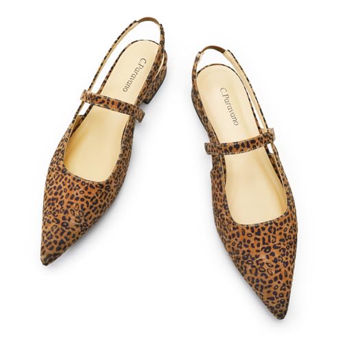 C.Paravano Flache Sandalen mit Spitzen Zehen Leder Kitten Flats Sandalen Hochzeit Party Partnersuche Slingback Damen Flach Verstellbarer Knöchelriemen-(38,Leopardenmuster) von C.Paravano