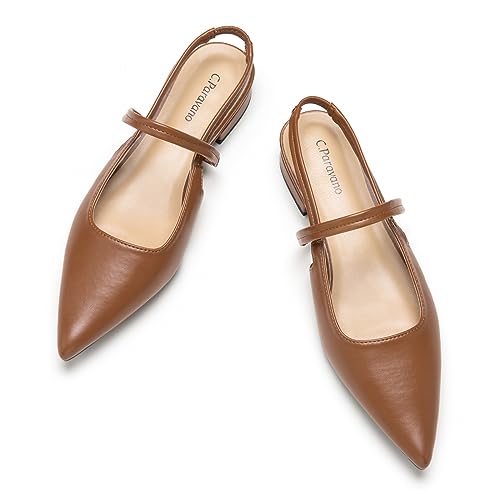C.Paravano Flache Sandalen mit Spitzen Zehen Leder Kitten Flats Sandalen Hochzeit Party Partnersuche Slingback Damen Flach Verstellbarer Knöchelriemen-(39.5,Braun) von C.Paravano