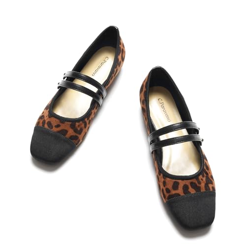 C.Paravano Damen Schuhe | Mary Jane Flats mit quadratischer Zehe | Leopardenmuster | 39.5 EU, N Leopard C von C.Paravano