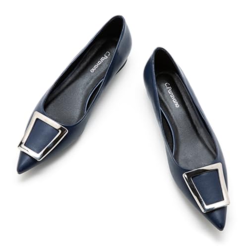 C.Paravano Spitze Flache Schuhe Ballettschuhe mit Metallknopf Damen Elegant Flache Schuhe Bequeme und stilvolle Damen Ballerinas, Elegante und vielseitige Alltags-Freizeitschuhe (40,Marineblau) von C.Paravano