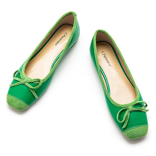 C.Paravano Flache Schuhe mit quadratischer Zehenpartie für Damen | Weiche Lederschuhe für Damen | Schicke Knoten-Flats | Elegante, Bequeme Schuhe für Damen, Green-b,39 von C.Paravano
