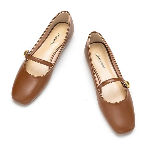 C.Paravano Mary Jane Schuhe Damen | Damen Ballerinas | Quadratische Zehe Mary Jane Flachs(Braun,38.5) von C.Paravano