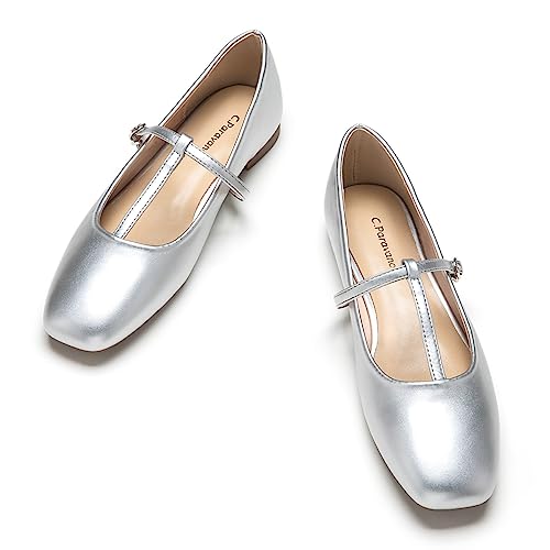 C.Paravano Mary Jane Damen Flats | Schuhe Damen | Damen Ballerinas | Damens Elegant Quadratische Flachs(36,Silber) von C.Paravano