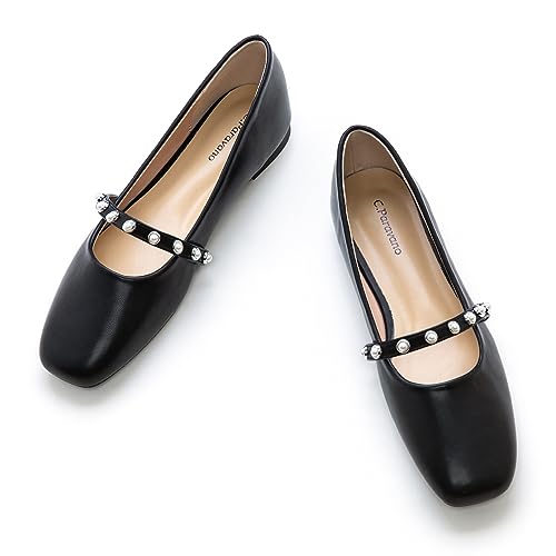C.Paravano Mary Jane Damen-Lederschuhe, flache Schuhe mit quadratischer Zehenpartie, Schwarz_e, 43 EU von C.Paravano