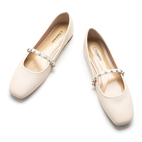 C.Paravano Mary Jane Damen-Lederschuhe, flache Schuhe mit quadratischer Zehenpartie, Weiß_e, 38 EU von C.Paravano