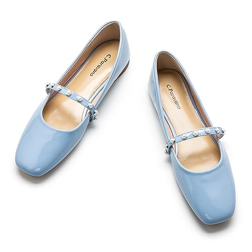 C.Paravano Mary Jane Schuhe Damen Quadratische Zehe Mary Jane Flachs(40,Blau) von C.Paravano