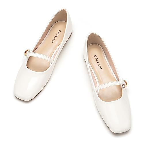 C.Paravano Mary Jane Schuhe Damen | Ballerinas Damen elegant | Flache Schuhe für Damen | Riemchenballerina Damen(40,Weiß) von C.Paravano