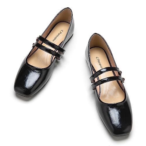 C.Paravano Mary Jane Schuhe for Damen Leder Quadratische Zehe Flachs(37,Schwarz) von C.Paravano