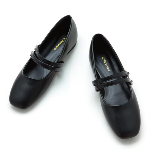 C.Paravano Mary Jane Schuhe for Damen Leder Quadratische Zehe Flachs(42,Neu Schwarz) von C.Paravano