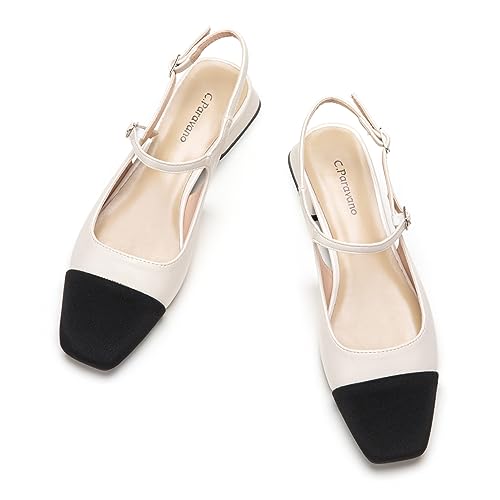 C.Paravano Slingback Damen Damen Slingback Flach Slingback Schuhe Flach Slingback Flache Quadratische Zehes(37,Weiß) von C.Paravano
