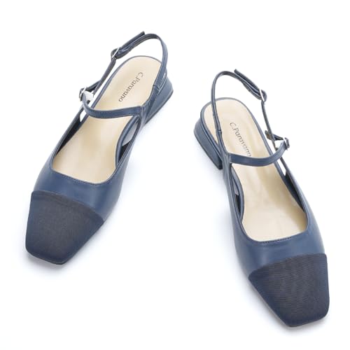 C.Paravano Damen Slingback Schuhe Flache Schuhe für Damen Sandalen Elegant & Komfortabel Ideal für Reisen, Einkaufen und Party(Navy&Beige,37) von C.Paravano