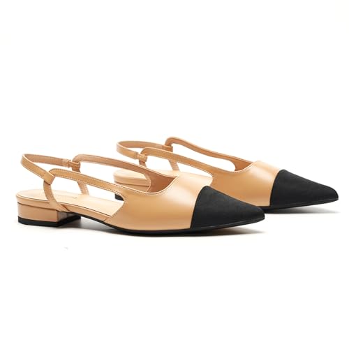 C.Paravano Damen Schuhe Slingback Flach mit spitzem Zeh & zweifarbigem Design | Slingback Ballerina Damen | Sandalen Sommer | Elegant für Büro, Abendevents und Alltag（39.5,Beige von C.Paravano