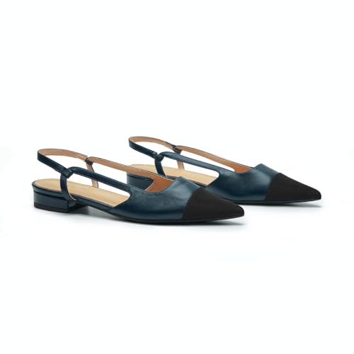 C.Paravano Damen Schuhe Slingback Flach mit spitzem Zeh & zweifarbigem Design | Slingback Ballerina Damen | Sandalen Sommer | Elegant für Büro, Abendevents und Alltag（40.5,Blau von C.Paravano