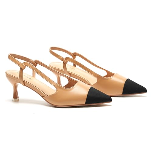 C.Paravano Damen Schuhe Slingback-Pumps mit spitzem Zeh & zweifarbigem Design | Slingpumps Damen | Sandalen Sommer | Elegant für Büro, Abendevents und Alltag（36.5,BEIGE von C.Paravano