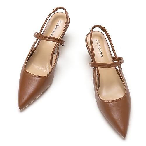 C.Paravano Damen Pumps | Slingback | Sandalen Pumps Damen | Spitzenschuhe mit Kitten Heel | Ideal für längeres Tragen | Perfekt für Büro, Hochzeiten und Partys (38.5,Braun) von C.Paravano