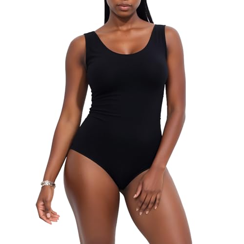 C4N Damen Ärmelloser Shapewear Bodysuit Nahtloser Slim Fit Body,Figurformende Atmungsaktive Unterwäsche,Bodysuit oder Unterkleid (Schwarz, L) von C4N