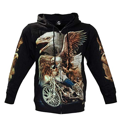 CABALLO Sweatshirt mit Kapuze Internes Sweatshirt mit Reißverschluss und Taschen Mann Frau aus langärmliger Baumwolle mit nachtleuchtendem Aufdruck Glow in Dark (Eagle with Motocyclist H-B055 M) von CABALLO