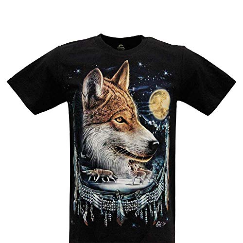 CABALLO Unisex T-Shirt Frau Mann in Lichteffekt bedruckter Baumwolle in Dunkelheit mit Tiermuster (Indian Wolf MA-190 XL) von CABALLO