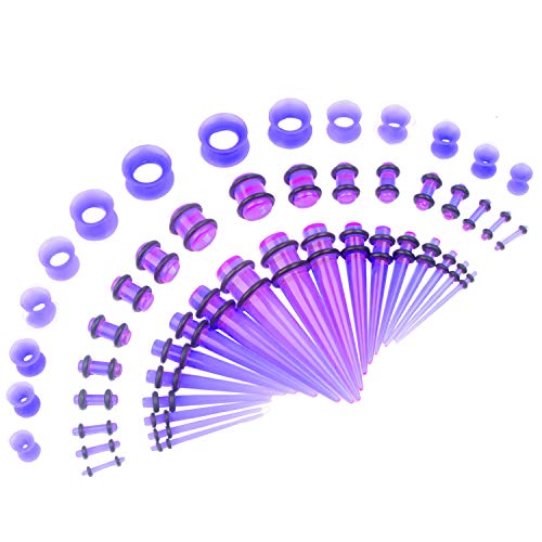 CABBE Damen 50pcs Ohr spur Stretching kit silikon Tunnel + acryl verjüngungen und stecker Set Eyelet 14g-00g Purple von CABBE KALLO