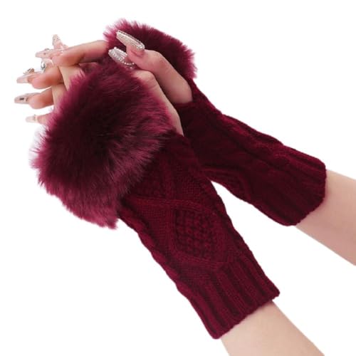 CABODYALS 2 Paar Dunkelrote Pelzige Fingerlose Handschuhe Weiche Flauschige Handschuhe Mit Daumenloch Strick Winterhäkelarbeit Warme Armstulpen Kunstpelz Handgelenkwärmer Fäustlinge Großpackung Für Fr von CABODYALS