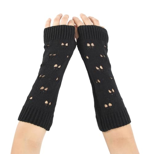 CABODYALS 2 Paar Schwarze Grunge Handschuhe Gehäkelte Fingerlose Feenhandschuhe Winter Handschuhe Mit Daumenloch Zerrissene Handschuhe Gestrickte Handgelenkwärmer Fäustlinge Für Frauen Unisex Tippen A von CABODYALS