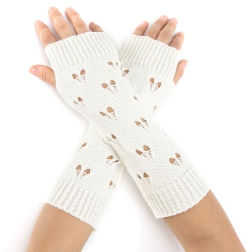 CABODYALS 2 Paar Weiße Grunge Halbe Handschuhe Strickhandschuhe Fingerlos Strick Gloves Häkelarbeit Handgelenkwärmer Fingerless Partner Stretch Handschuhe Für Damen Winter Armstulpen Kleidung Laufen von CABODYALS