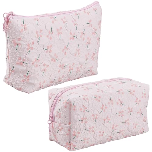 CABODYALS 2 Stück 2 Stile Rosa Süßes Make Up Taschen Set Mit Blumenmuster Gesteppter Reißverschluss Make Up Tragbarer Aufbewahrungs Toilettenartikel Organizer Stoff Clutch Taschen Polyester Blumen Kos von CABODYALS