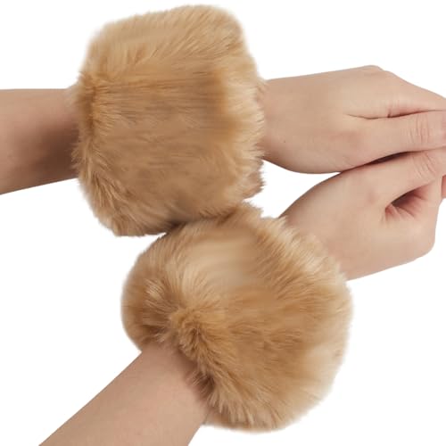 CABODYALS Armstulpen Aus Brauneem Pelz Pelzmanschette Khaki Kurz Für Den Winter Winddicht Kunstplüsch Flauschige Manschetten Überärmel Warme Handschuhe Armbandärmel Für Damen Armband Cosplay Party Kos von CABODYALS