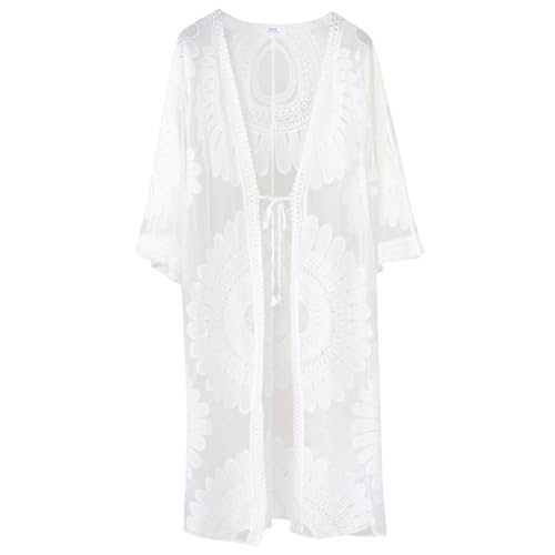 CABODYALS Langer Weißer Leichter Sommer Cardigan 2025 durchsichtiges Spitzennetz Häkel Boho Stil Offene Vorderseite Überzug Badeanzug Bademode Badeanzugkleid Stickerei Blumen Cardigans Für Damen Stran von CABODYALS