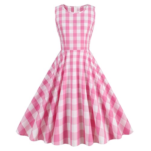 CABULE Barbie Rosa Kariertes Retro-Kleid mit Rundhalsausschnitt, ärmelloser Taille, Rosa, S von CABULE