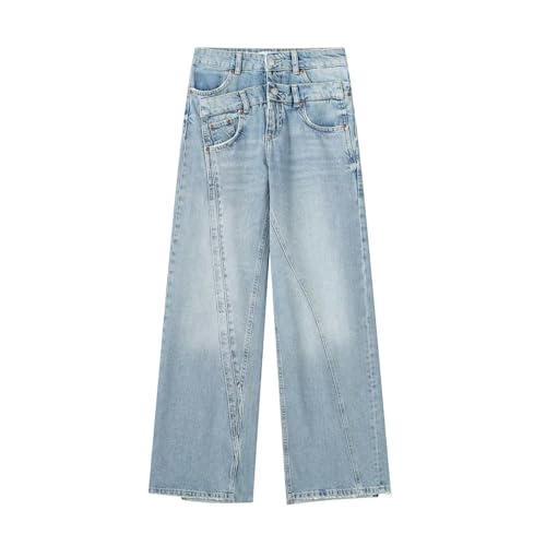 CABULE Entworfene Jeans mit geradem Bein und doppeltem Bund für heiße Mädchen mit bodenlangen Hosen mit hohem Bund und weitem Bein – Hellblau – XS von CABULE