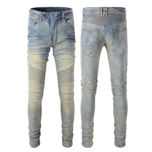 CABULE High Street Motorrad Jeans Herren Retro Distressed Spliced ​​Hose Trendy Herren-Hellblau-32 von CABULE