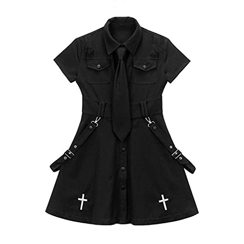 CABULE Japanisches Lolita Gothic Kleid Damen Punk Dark Academia Ästhetische Minikleider Schwarz Kawaii Gothic Emo Alt Übergröße Kleidung - Schwarz, S von CABULE