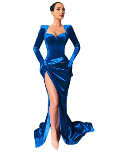 CABULE Kryptografisches elegantes Kleid langes Kleid Abendclub Outfits für Frauen Handschuhe Ärmel Samt Sexy Schlitz Maxikleider gerüschte Kleider - Blau, S von CABULE