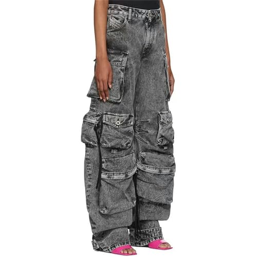 CABULE Rauchgraue gespleißte Cargohose mit Mehreren Taschen, Street Washed Distressed, Lange Hose mit weitem Bein, Grau, M CABULE Rauchgraue gespleißte Cargohose mit Mehreren Taschen, Street Washed Distressed, Lange Hose mit weitem Bein, Grau, M von CABULE