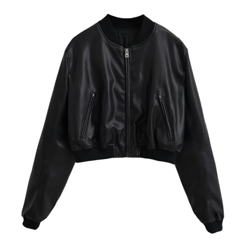 CABULE Retro-PU-Lederjacke für heiße Mädchen im Motorrad-Stil, kurze Stehkragen-Baseball-Uniformjacke – Schwarz – XS von CABULE